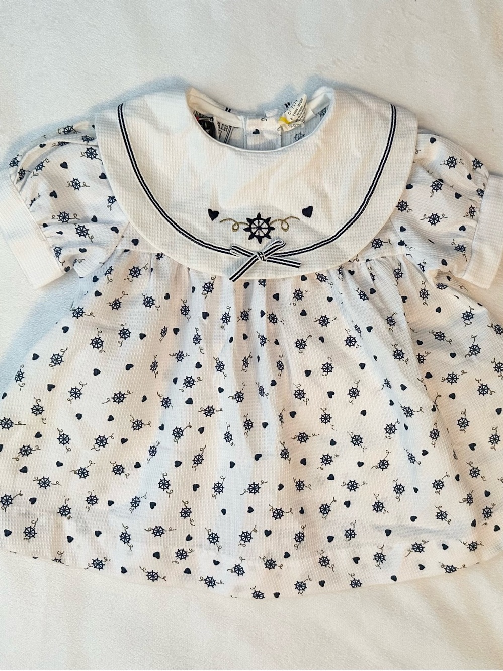 Vintage Mayfair Kids White Nautical Sailor Bib Dress 6-9M Baby Ships Wheel Helm